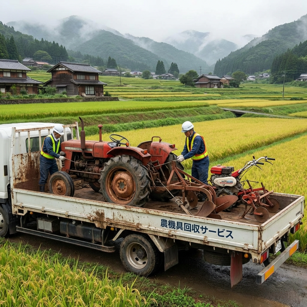農業地帯での農機具回収作業風景