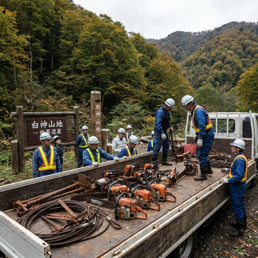 藤里町・世界遺産白神山地周辺での林業用具回収