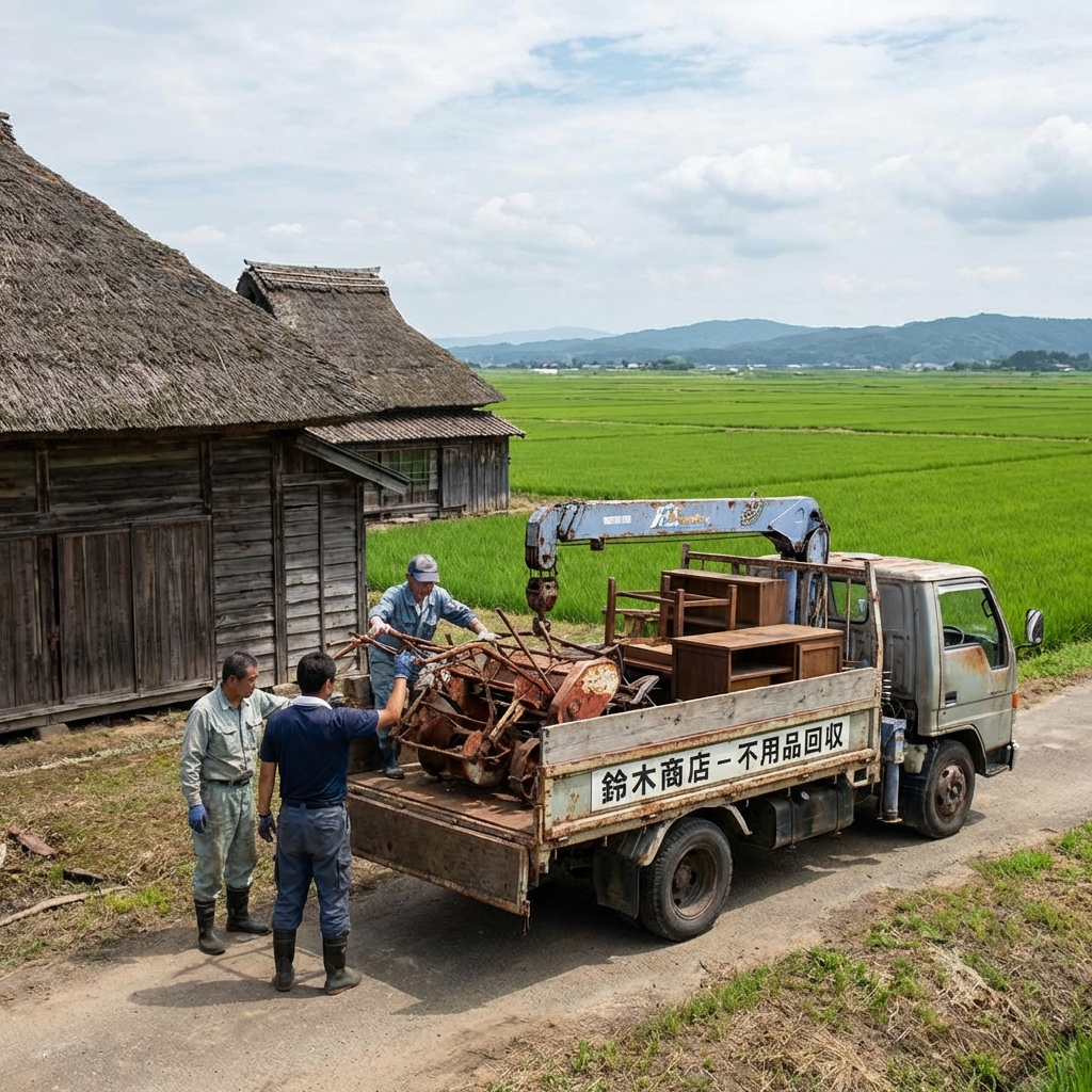 八郎潟町・干拓地の水田近くでの農機具回収作業