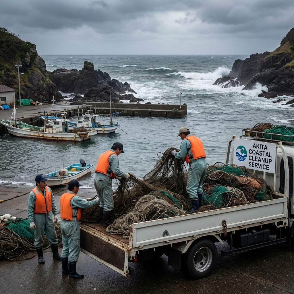 八峰町・日本海沿岸の漁港での漁具回収作業
