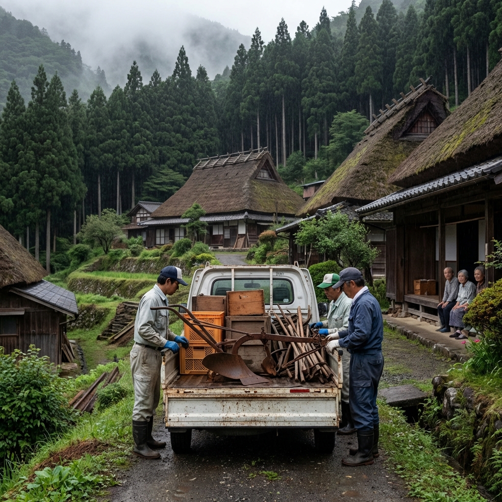 上小阿仁村・山間部の古民家での農具回収作業