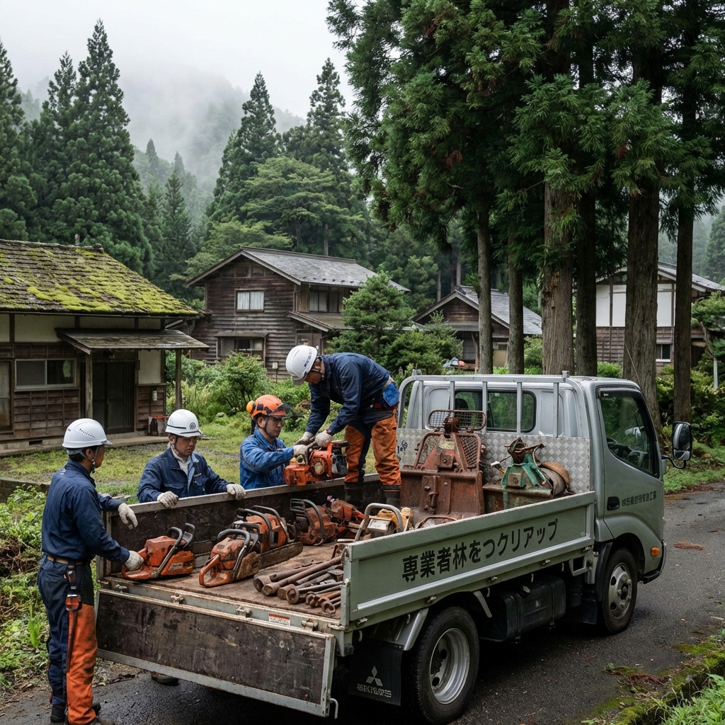北秋田市・森吉山麓での林業用具回収作業風景