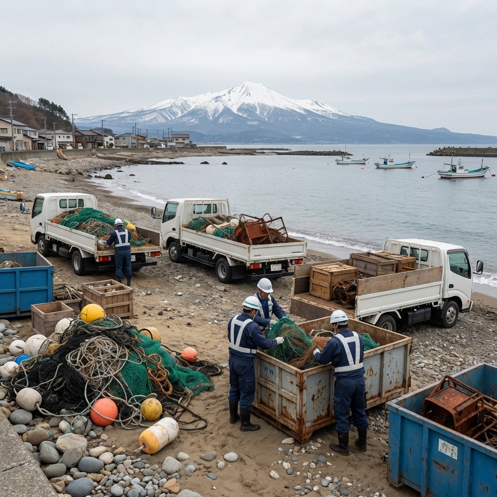 にかほ市・鳥海山を望む海岸での漁具回収作業風景