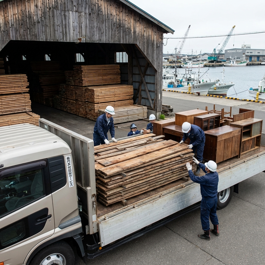 木都・能代港周辺での木材関連不用品回収
