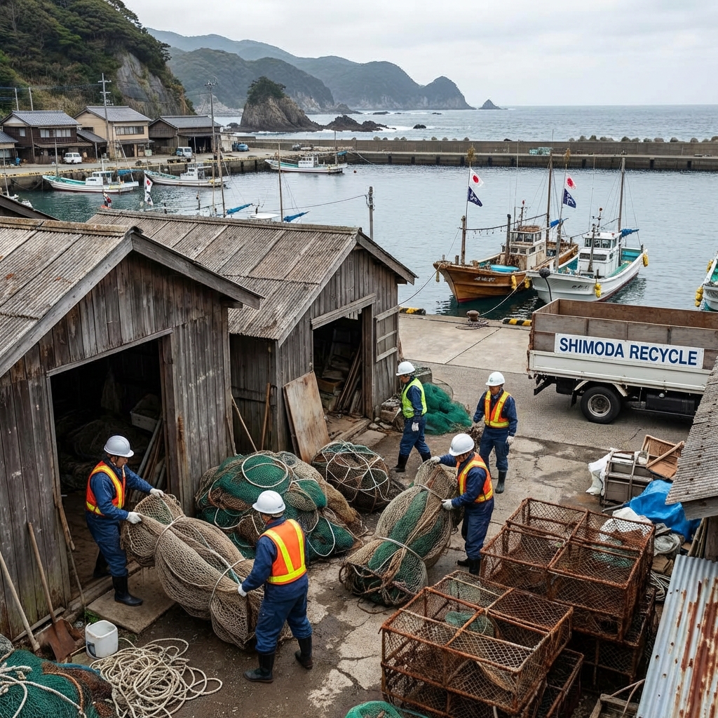 漁港周辺での漁具・漁網回収作業風景