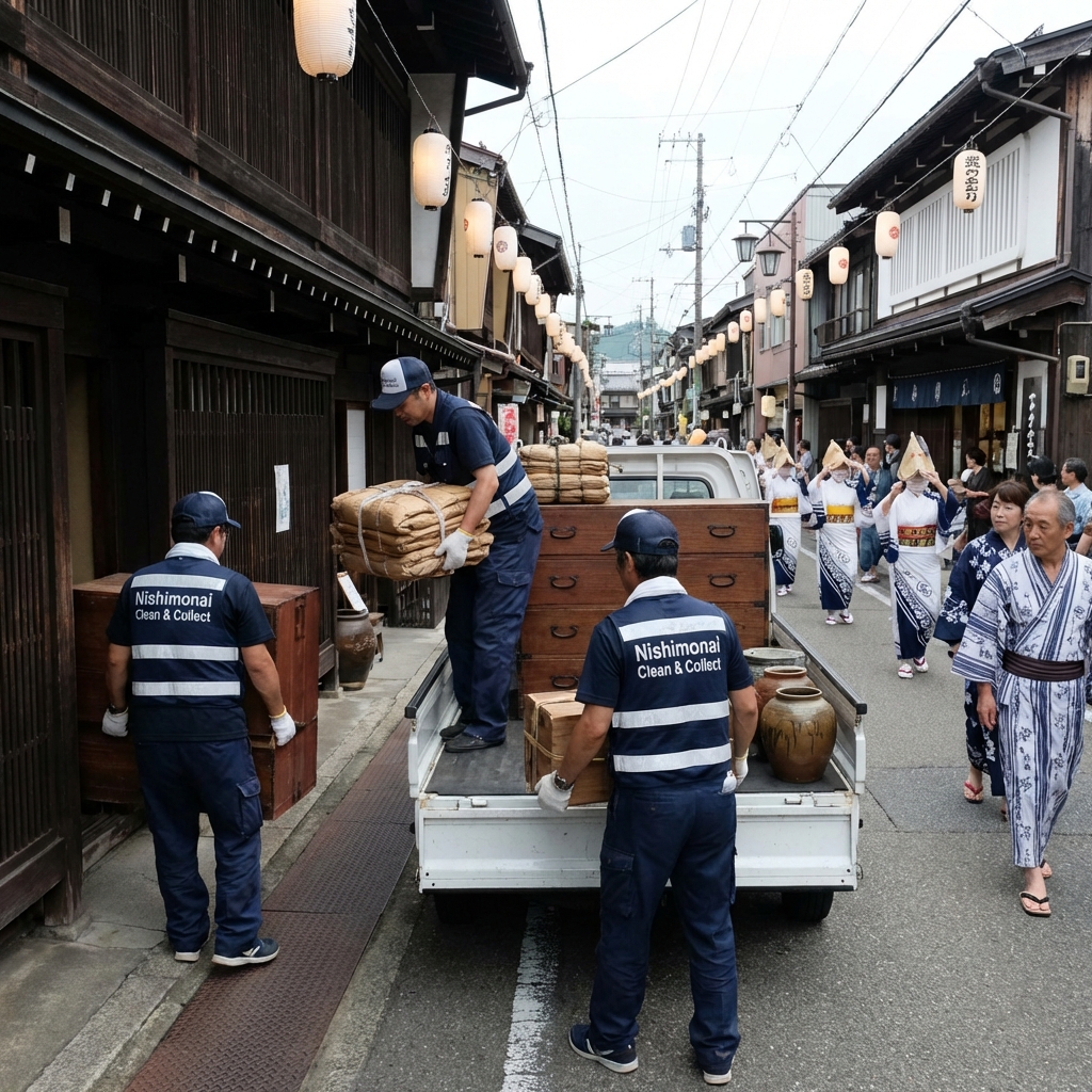 羽後町・西馬音内の伝統的な町並みでの生活用品回収作業