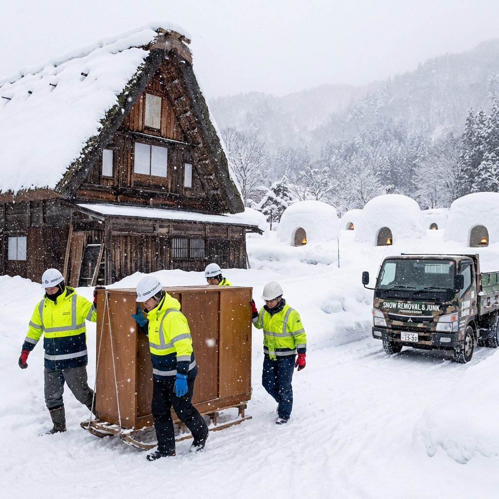 豪雪地帯での不用品回収作業風景