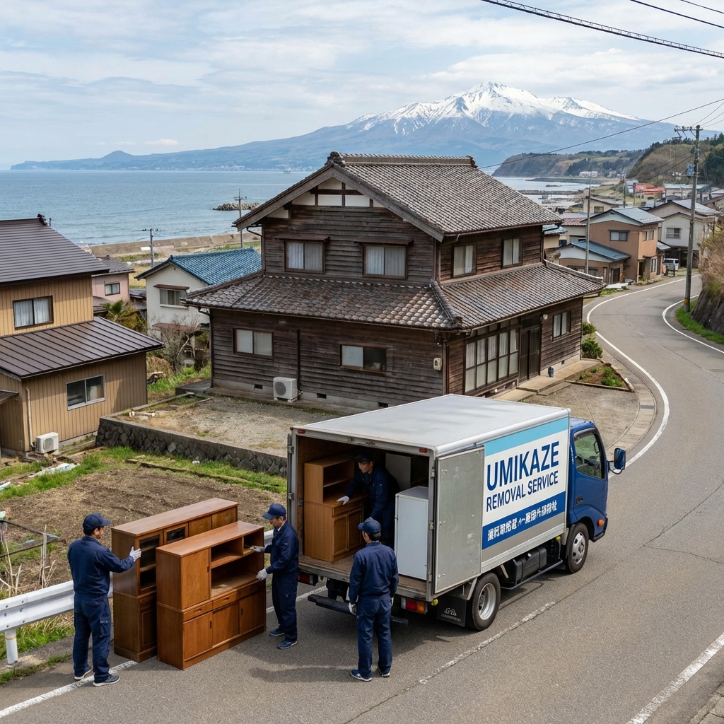 由利本荘市・鳥海山と日本海を望む沿岸部での回収作業