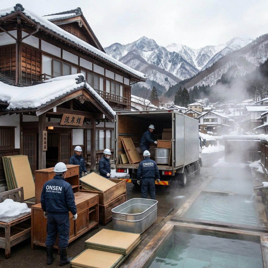 湯沢市・温泉旅館での什器回収作業風景